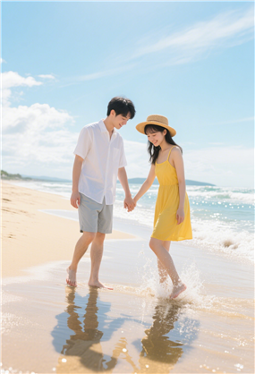 海边沙滩手拉手踏浪情侣摄影图片